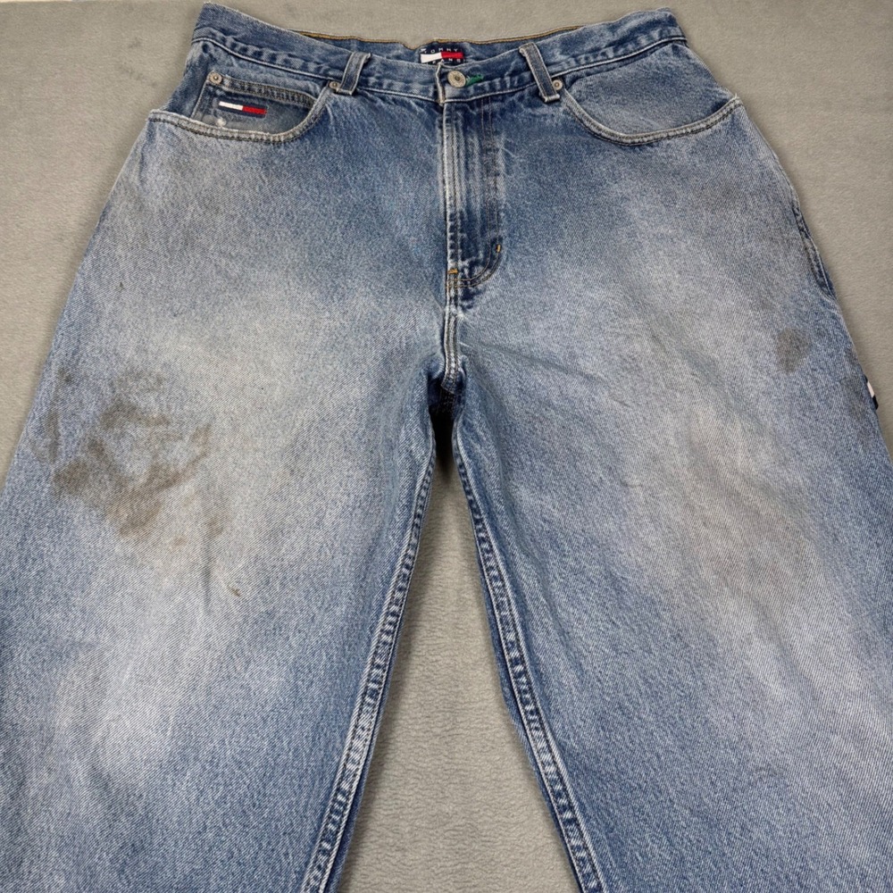 90s Tommy Hilfiger Carpenter Jeans Mens 33x32 Light Distressed 90s Baggy Skater - Picture 3 of 14